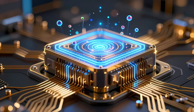 Futuristic electronic computer microchip processor on circuit board with glowing blue neon circular energy lines