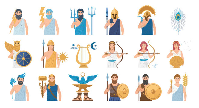 Ancient greek gods and goddesses set with traditional attributes