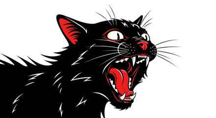 Aggressive black cat screaming with open mouth and fangs showing © alina