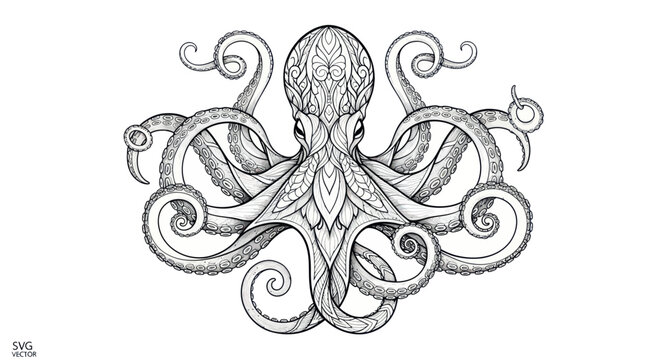 Ornate octopus line art with mandala patterns and swirling tentacles