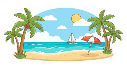Obraz premium Sunny tropical beach scene with palm trees and sailboat