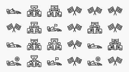 Naklejka premium Sleek Racing Icons and Checkered Flags A Minimalist Collection of Motorsport Symbols and Vehicles