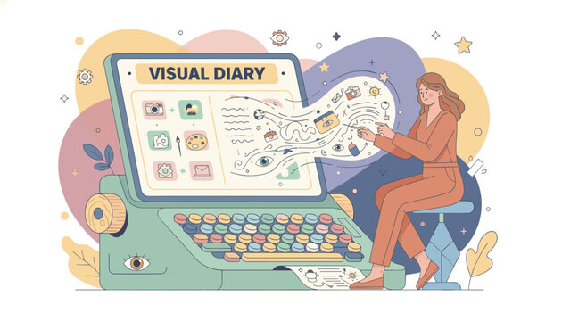 Woman uses a creative typewriter screen to compile her visual diary with photos, art tools, and written memories in a colorful workspace.