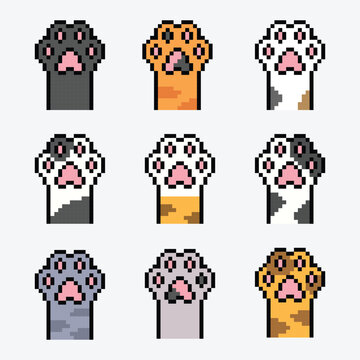 Pixel Art Cat Paw Set, Cute Kitty Paw Prints Collection, Retro 8 Bit Animal Symbols