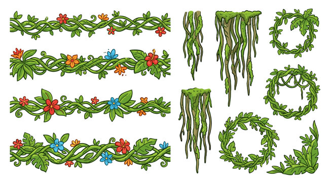 Cartoon jungle vine borders and leafy wreath vector set