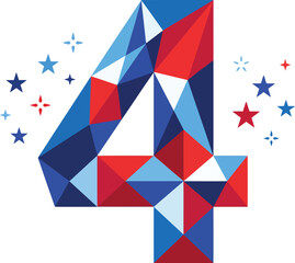 Naklejka premium Geometric Number 4 Patriotic Mosaic Vector Design with Stars and Red Blue White