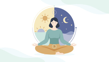 Fototapeta premium Peaceful woman meditates in the lotus position against a day and night cycle background to show circadian rhythm and daily wellness.