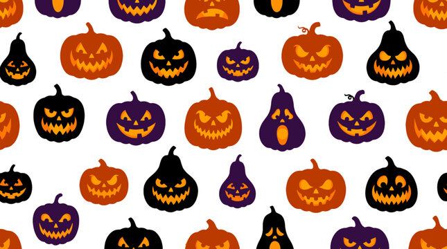 Seamless Halloween pattern with carved pumpkins and gourds
