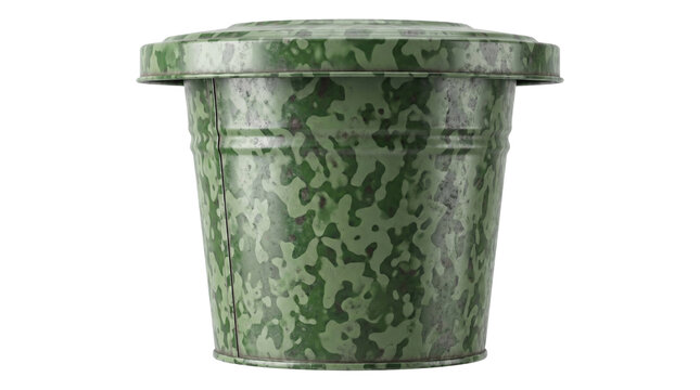Green camouflage metal trash can with lid for household waste collection isolated on transparent background.