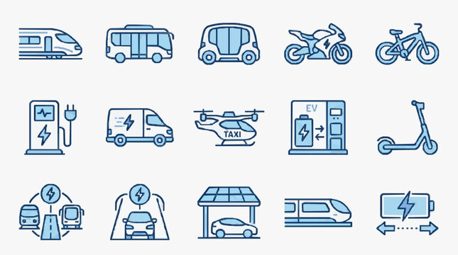 Minimalist Icons of Modern Electric and Sustainable Transportation Infrastructure with high professional line art symbols for modern creative design and digital branding projects