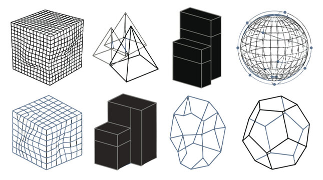 Set of abstract geometric wireframe shapes and block forms