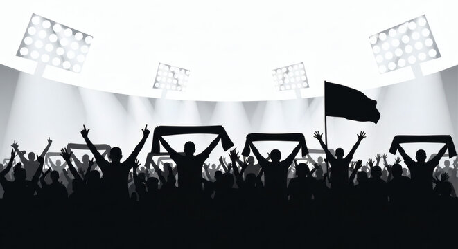 Silhouettes of enthusiastic fans cheering and waving scarves in a stadium under bright spotlights celebrating a triumphant sports event or concert with a palpable sense of collective joy and