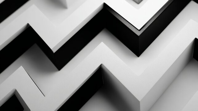 Abstract image of a zigzag pattern in black and white, creating depth with contrasting shadows and light. Geometric design