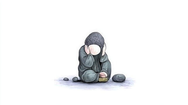 Child in Dark Clothing Covers Ears Sitting on Ground with Stones