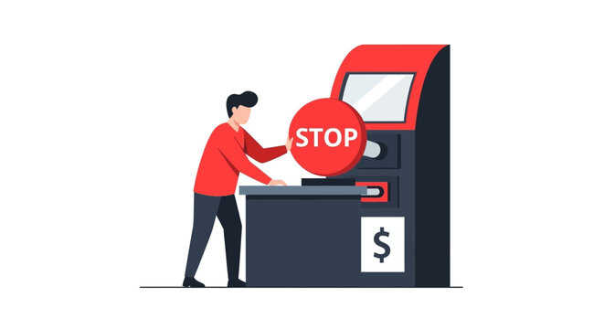 Stop Spending and Financial Control Concept: Flat Vector Illustration of a Man Pushing a Large Red Stop Button on an ATM Machine to Manage Budget and Expenses