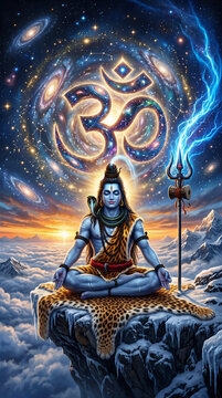 Lord Shiva Meditating with Cosmic Om Symbol 
and Galaxy Universe at Sunset, Mahadev 
Adiyogi Hindu God Spiritual Fantasy Art