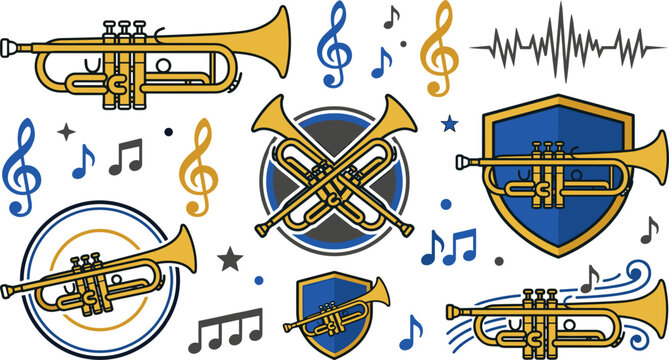 Trumpet brass instrument vector logo set featuring golden musical trumpets trebles notes sound waves and school marching band shield emblem badges