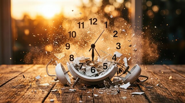 A broken clock and alarm explode on a wooden table at sunset.