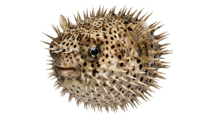 Spiky puffer fish puffed up into a ball for defense isolated on transparent background for marine life. © Png ProTeam