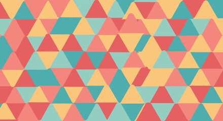 Fototapeta premium Geometric triangle pattern featuring an interlocking arrangement of muted red, yellow, and turquoise shades for background decoration.