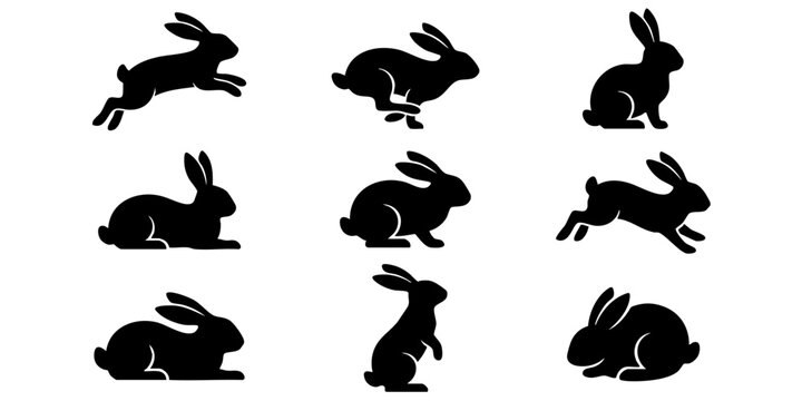 Several rabbits are running and sitting in various positions outdoors.