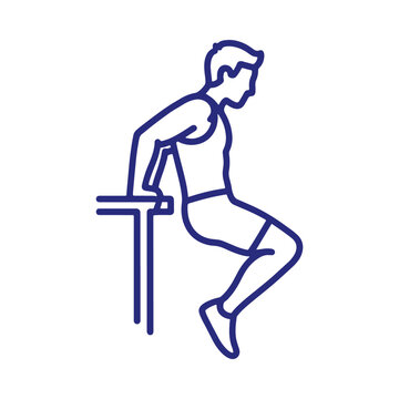 Linear of a person performing tricep dips on a bench or parallel bars, blue outline representing fitness and workout exercises