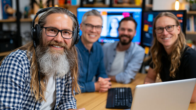 Peer learning group of adult students video-calling across three continents, world clock widget visible on one screen, shared document open, diverse home office backgrounds, collaborative global edu