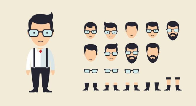 Character creator kit featuring a professional man with interchangeable head shapes, beard styles, and glasses for custom avatars.