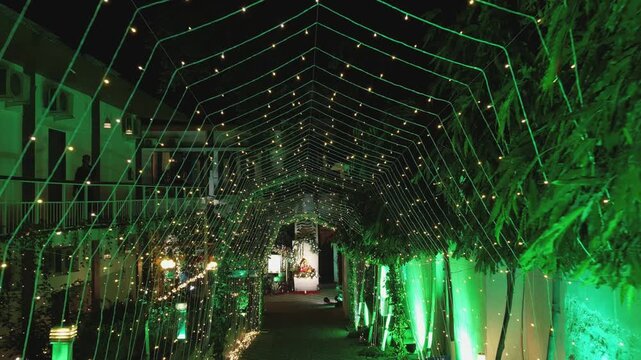 Luxury Royal Wedding Decoration Setup Drone View Showcasing Grand Floral Design, Palace Style Venue, Elegant Lighting, and Lavish Celebration Arrangement