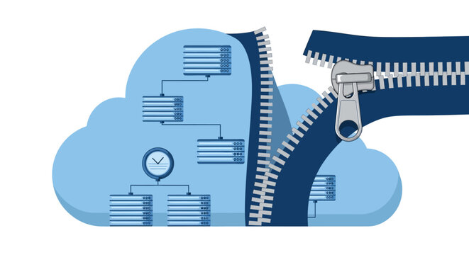 Conceptual Illustration of Cloud Data Management and Database Infrastructure Revealed with a Zipper, Showing Server Organization and File Compression Concepts