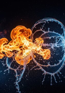 A dramatic, abstract interplay of bright orange flames and deep blue splashing water colliding in a vibrant, energetic visual contrast, abstract, hot, flow