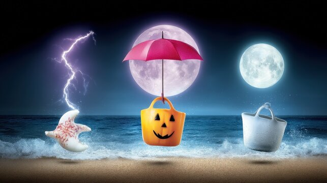 Surreal Autumn Night Scene with Moon, Shell, and Halloween Elements