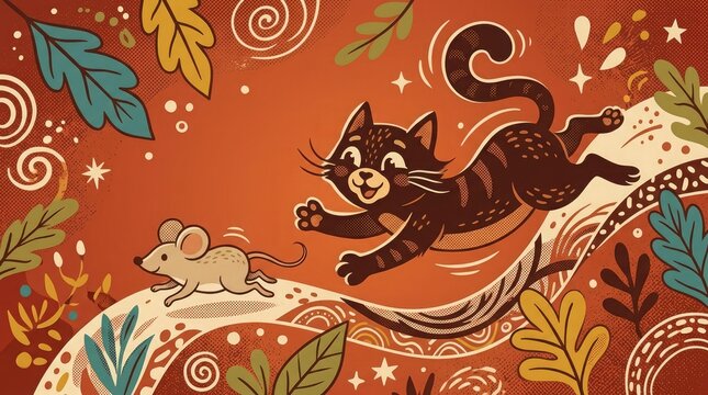 A curious cat leaps to catch a mouse in a whimsical garden scene with leaves and spirals.