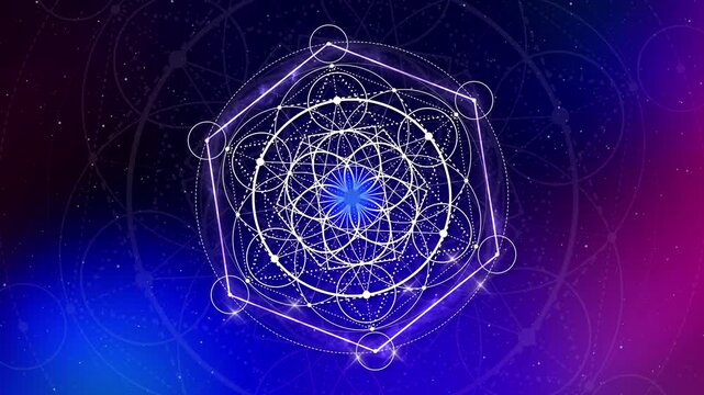 Video animation Flower of Life, Sacred geometry. Loop footage of Mystic mandala, mystical hexagon, crop circles, shiny special effects, sparkling design, colorful gradient galaxy background