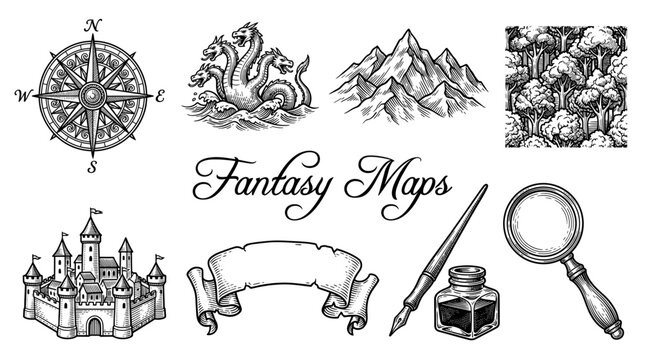 Vintage Medieval Fantasy Map Design Elements Set with Compass, Castle, Hydra, and Cartography Tools