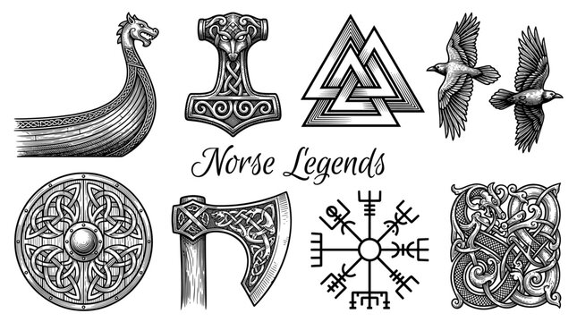 Norse Viking Mythology Symbols Set featuring Drakkar Ship Thor Hammer Valknut Ravens Shield Axe and Vegvisir Hand Drawn Vector Illustration