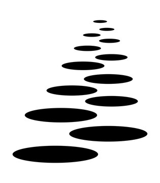 Abstract perspective of black circles shrinking into the distance on white, representing a journey.