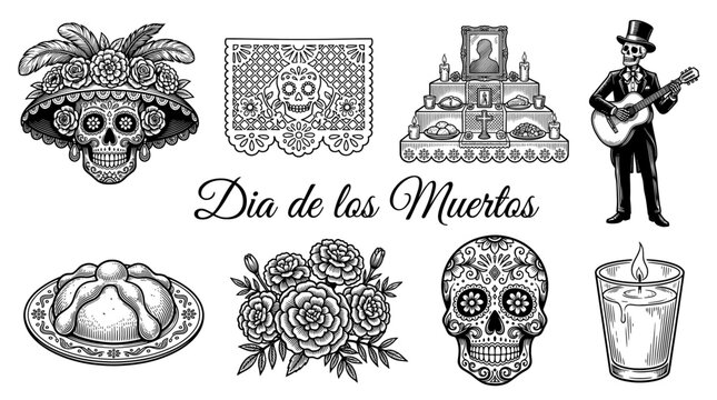 Dia de los Muertos Set of Hand Drawn Vector Illustrations Including Sugar Skulls, Altar, Marigolds, and Skeleton Musician in Engraving Style