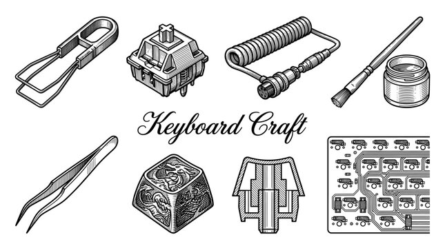 Vintage engraving style vector illustration of custom mechanical keyboard tools and components like switches, artisan keycaps, and coiled cables.