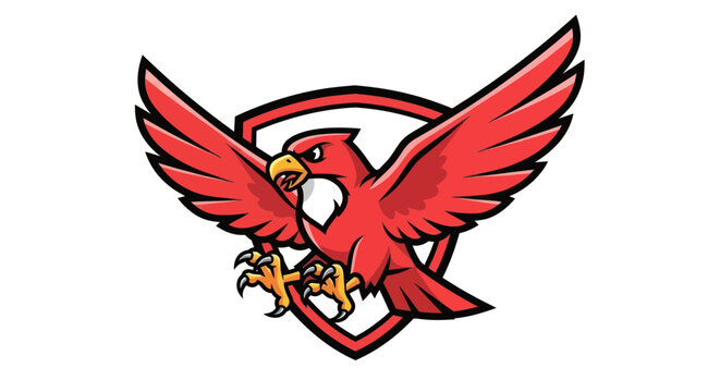 Fierce red hawk mascot with open wings and protective shield emblem