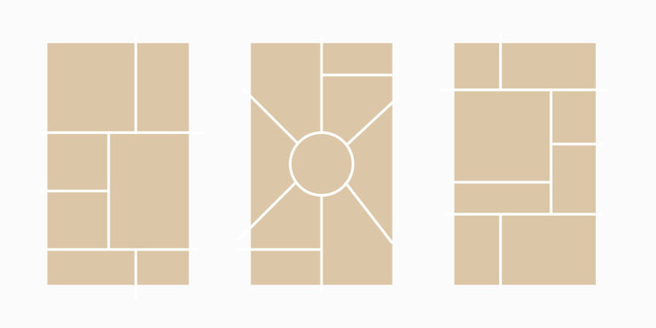 Image collage layout template. Beige mosaic mood board grid collection. Picture frame set. Photo album idea for banner, poster, comic page, flyer, brochure, booklet, memory wall design. Vector pack