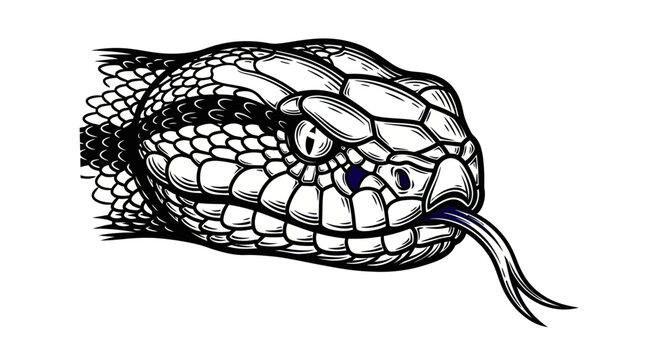 Menacing viper head with flicking tongue in black line art