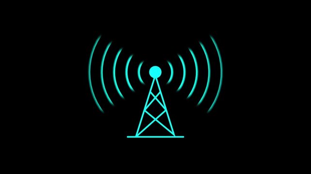 Digital radio station signal tower icon animation on dark background. Animated radio wave towers connect the network and signal waves.