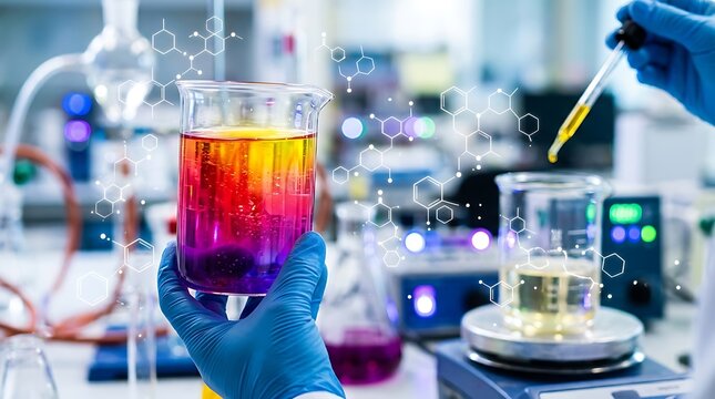 Chemical Experiment in Laboratory with Colorful Liquid and Scientific Equipment