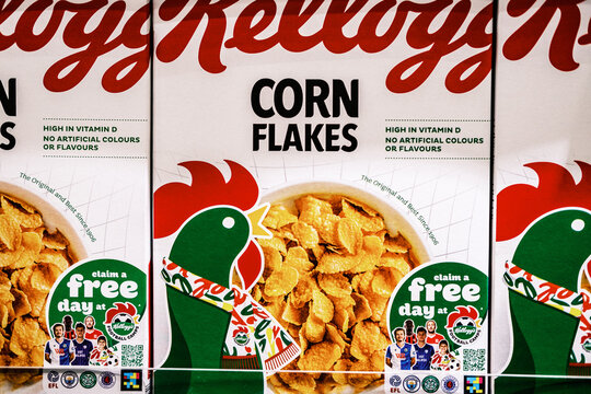 Display of Kelloggs Corn Flakes Breakfast Cereals With No People