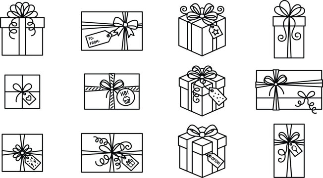 Minimalist Gift Box Outline Icons and Present Vector Set with Bows, Strings, and Hanging Tags for Festive Celebration Graphic Designs