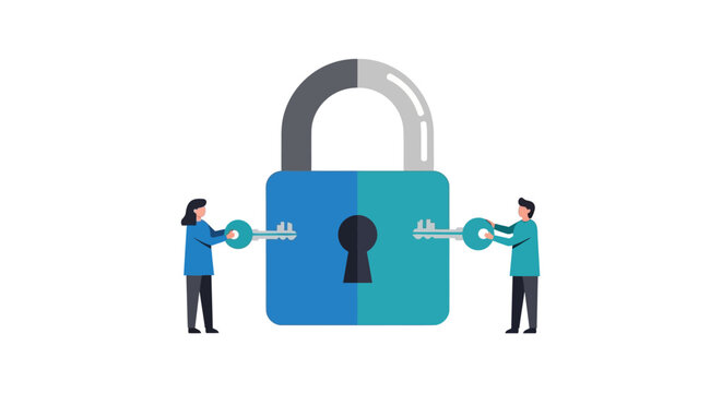 Cybersecurity and Teamwork Concept: Two Professionals Unlocking a Giant Padlock with Keys for Secure Access
