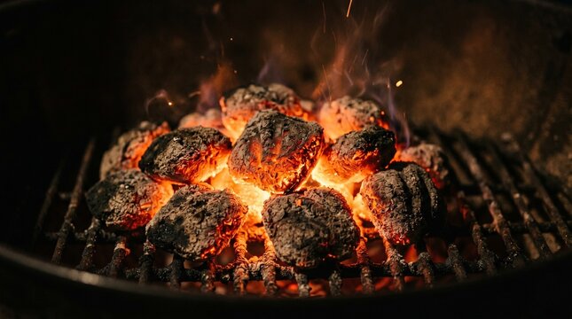 Glowing charcoal briquettes burning on a hot barbecue grill at night