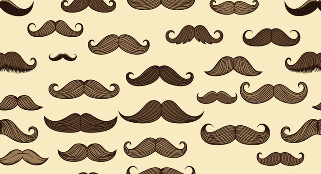 Seamless pattern featuring a variety of classic brown mustache styles on a light beige background for barbershop or male grooming.