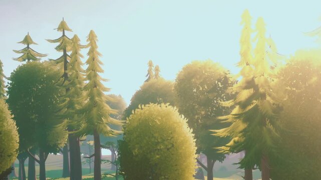 Bright sunlight comes through tall trees in a forest setting. Different types of trees are present. It shows a clear day with blue sky in the background.